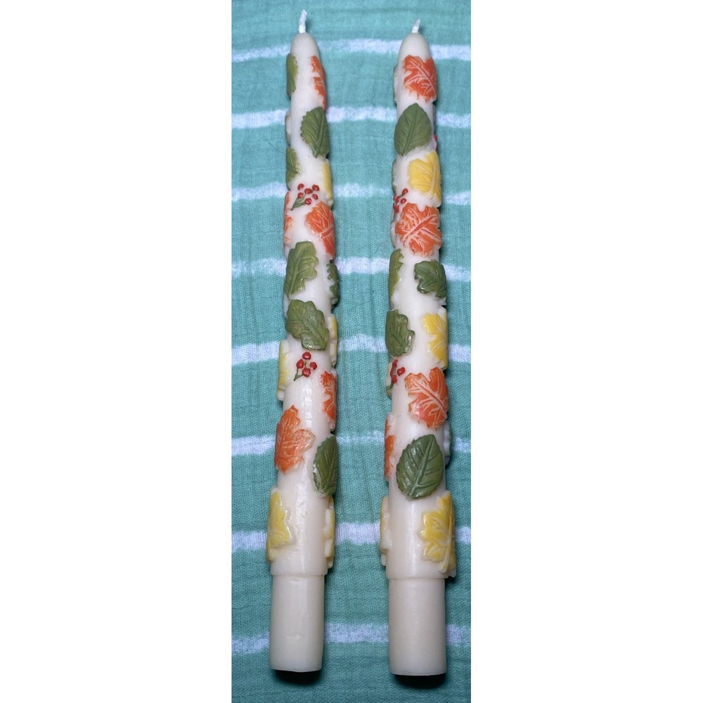 Vintage Fall Leaves Hand Painted Taper Candles Thanksgiving Decor
